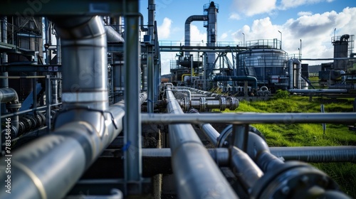 Thick pipes and complex machinery line the perimeter of a wide open field hinting at the intricate processes and advanced technology involved in biofuel production. .
