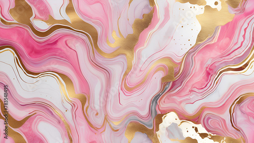 Luxury abstract fluid art painting background alcohol ink technique pink golden and white background,
 photo