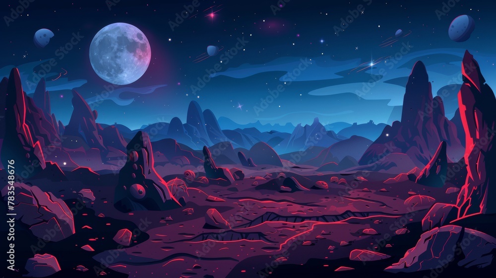 A cartoon alien planet surface with red stones. Modern illustration of a rocky landscape with a moon, stars, satellites, uninhabited space territory with cracks in the night sky. Abstract background
