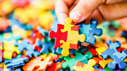 A hand holding a red piece to complete a multi-colored jigsaw puzzle, symbolizing problem-solving or finding a missing piece. World autism awareness day concept