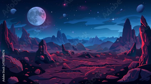 A cartoon alien planet surface with red stones. Modern illustration of a rocky landscape with a moon, stars, satellites, uninhabited space territory with cracks in the night sky. Abstract background