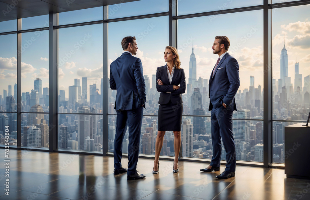 Two businessmen and a businesswoman stand engaged in a conversation, drawing inspiration from the panoramic city view that stretches behind them.
Two businessmen and a businesswoman stand engaged in a conversation, drawing inspiration from the panoramic city view that stretches behind them.