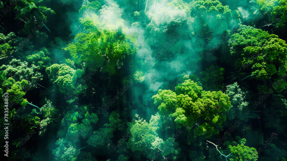 Sunlight streaming through the canopy of a dense green forest, highlighting the mist and intricate foliage from an aerial view. Sunlight streaming through the canopy of a dense green forest, highlighting the mist and intricate foliage from an aerial view.