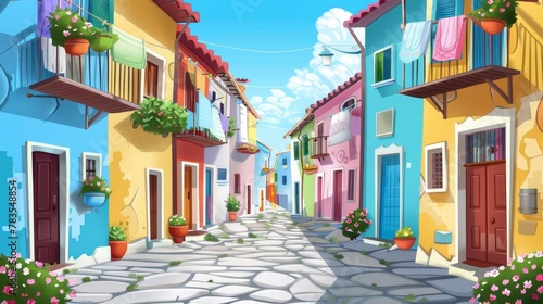 Traditional European street perspective depicting stone paved road, laundry on balconies decorated with flowers and a sunny day in the old Italian town. Modern cartoon illustration of a traditional © Mark