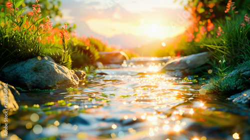 Sunset over a serene stream with sunlight reflecting off the water, surrounded by grass and flowers, creating a tranquil scene. © Na-No Photos
