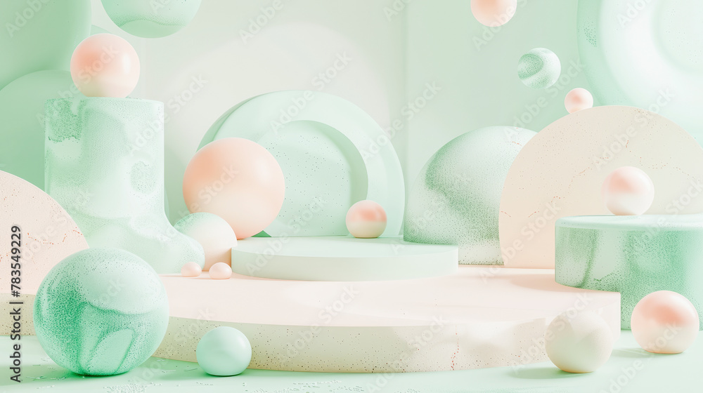 Abstract pastel green and pink geometric shapes arrangement with spheres, podiums, and arches for product display or art background. Abstract pastel green and pink geometric shapes arrangement with spheres, podiums, and arches for product display or art background.