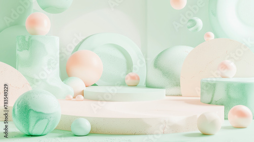 Abstract pastel green and pink geometric shapes arrangement with spheres, podiums, and arches for product display or art background. © Na-No Photos