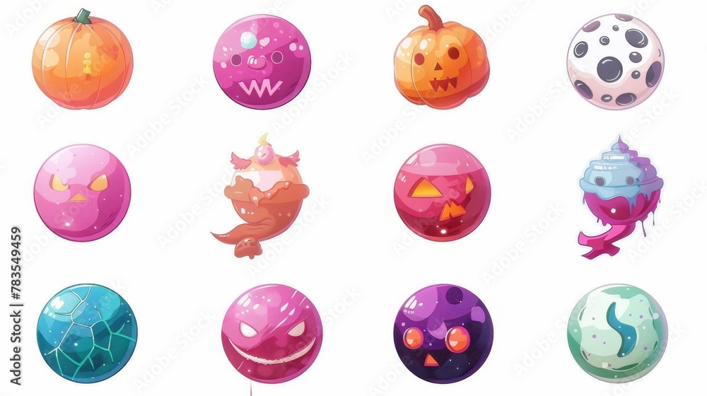 UI fantasy asteroid or orbit cosmic concept collection with pumpkin pumpkin planet for space game. Round colorful funny pink dessert illustration. UI fantasy asteroid or orbit cosmic concept collection with pumpkin pumpkin planet for space game. Round colorful funny pink dessert illustration.