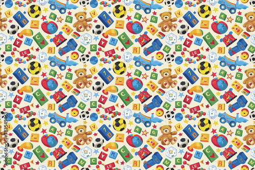Colorful children's toys and blocks on a playful background