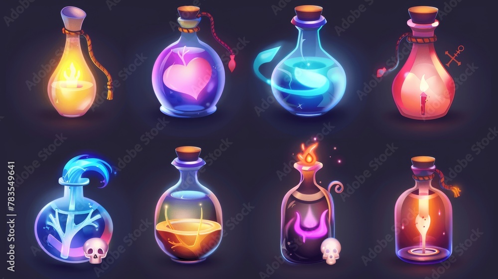 Cartoon icons of magic elixir potion bottles in a game environment. Medicine flask and poison UI modern illustration for rpg lab interface. Wizard alchemy glow object with skull 2D GUI elements. Cartoon icons of magic elixir potion bottles in a game environment. Medicine flask and poison UI modern illustration for rpg lab interface. Wizard alchemy glow object with skull 2D GUI elements.