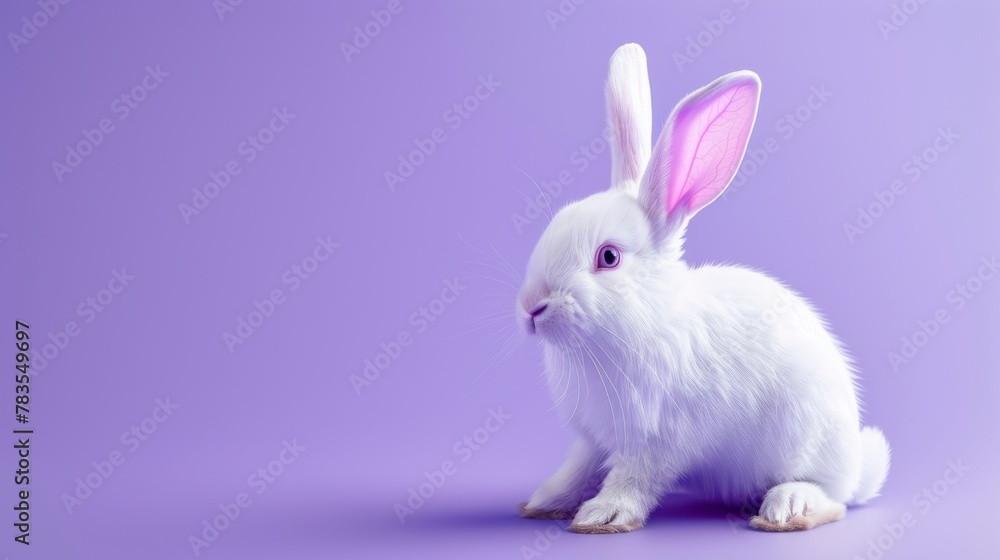 Isolated white bunny with purple ears, sitting and hopping. Isolated white bunny with purple ears, sitting and hopping.