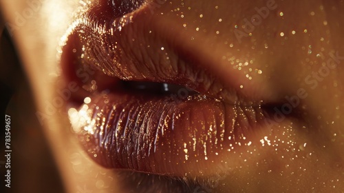 A thin film of saliva glistening on the surface of parted lips. . photo