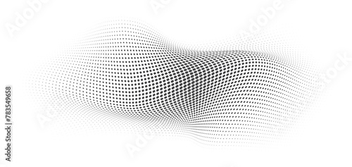 Flowing Wave Dot Halftone Pattern: Curve Gradient Shape on Transparent Background. Suitable for AI, Tech, Network, Digital, Science, and Technology Themes.