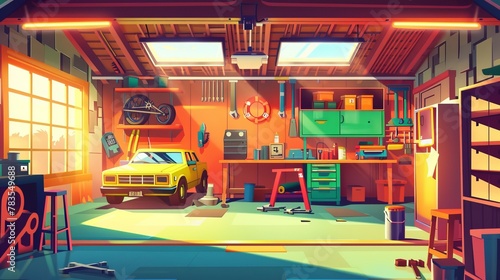Interior cartoon of garage with tool storage. Image of workshop inside with car parked on driveway near the house. Concept for carpentry storeroom at home with table, inventory on rack.