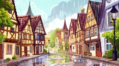 City street with houses in medieval germany during a heavy rain. Cartoon modern cityscape with traditional old town houses with wooden work under falling raindrops.