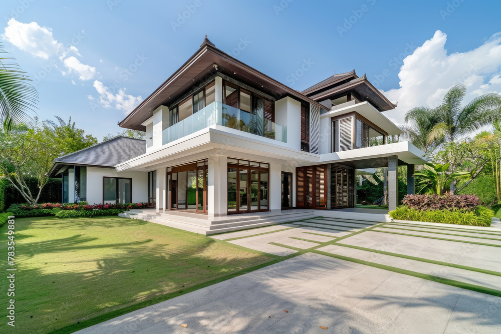 A wide angle photo of a modern house in Chiang Mai with white walls and light grey tiles, surrounded by lush green grass and palm trees