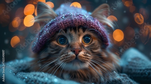 Adorable cat with a purple hat against a backdrop of magic. Generative Ai