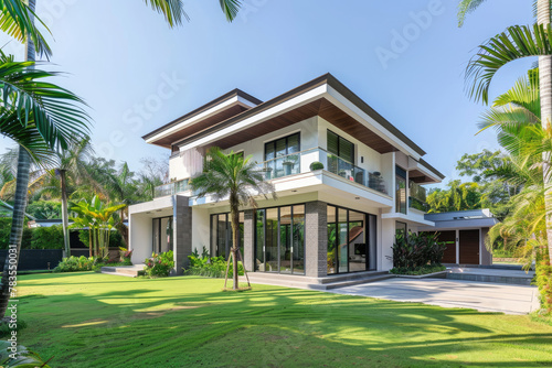 A wide angle photo of a modern house in Chiang Mai with white walls and light grey tiles, surrounded by lush green grass and palm trees © Kien