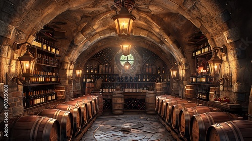 A cozy wine cellar brimming with oak barrels and vintage wine bottles, softly lit by hanging antique lamps, evoking a rustic European charm photo