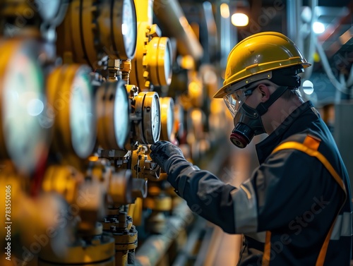 A close-up of an oil refinery operator inspecting gauges and dials on a massive pipeline system, wearing safety gear, under the harsh lights of the facility