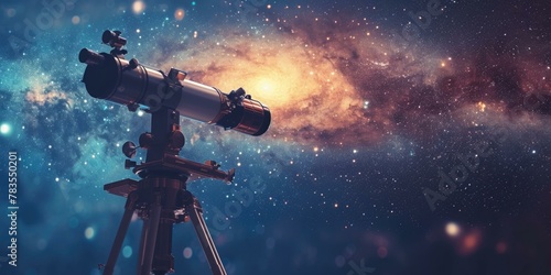 A telescope is shown in front of a galaxy. AI. photo