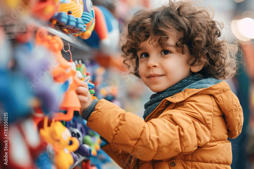 Busy toy store with colorful displays, interactive toys, and children excitedly choosing playthings.