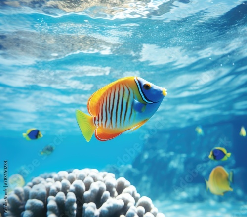 A colorful fish swimming in the ocean near a coral reef. AI.