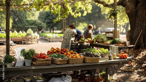 Under a canopy of trees a group of individuals work together to set up a popup farmers market. Tables are decorated with baskets of colorful tomatoes bunches of fragrant herbs and .