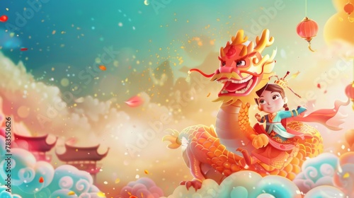 On a yellow and blue gradient background, children ride on a dragon welcoming the new year. Text: Golden dragon with the greeting of a new year. © Антон Сальников