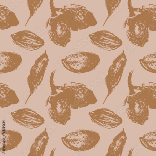 Vector almond pattern seamless with hand-drawn illustrations of almond nuts for web banner, oil packaging or marzipan paste label design. Floral sketches background, almond ornament. Natural product.