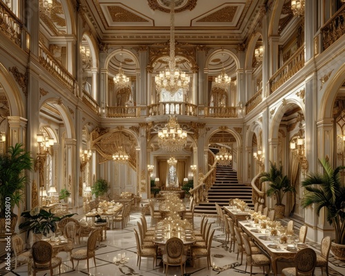 A fancy dining room with chandeliers and a staircase. AI.