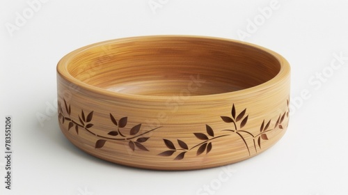 Blank mockup of a bamboo pet bowl with a bamboo leaf design etched on the sides. .
