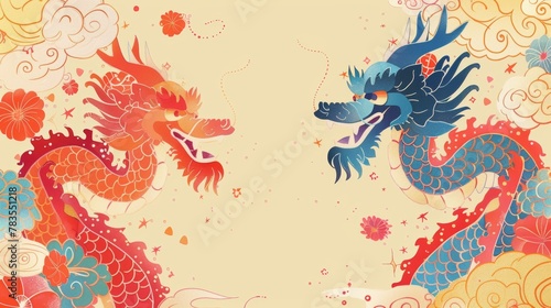 Detailed illustration of Chinese New Year. Line filled dragons surrounded by traditional doufang on pale yellow background. Text: Auspicious new year. Spring. photo