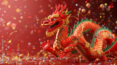A 3D Chinese New Year card featuring a dragon tangling around 2024 on a red background with gold confetti decorations. Text reads: Dragon brings prosperity.