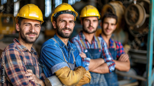 Four men wearing hard hats and safety gear are posing for a picture