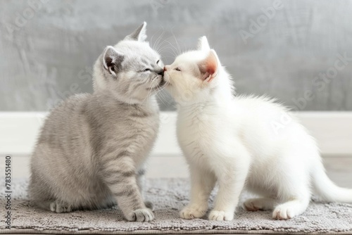 Two white cats are kissing and sniffling.