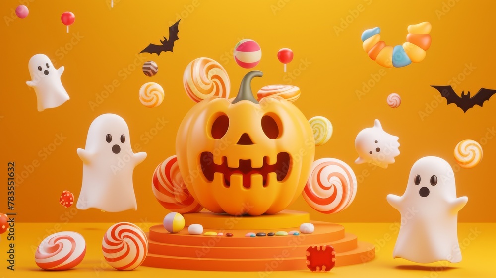 In front of an orange background, a 3D pumpkin filled with candies is surrounded by cute ghosts. In front of an orange background, a 3D pumpkin filled with candies is surrounded by cute ghosts.