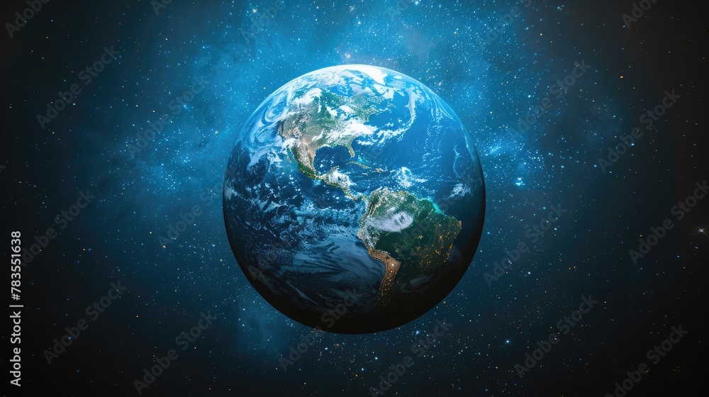 A blue and white planet with a starry sky in the background A blue and white planet with a starry sky in the background