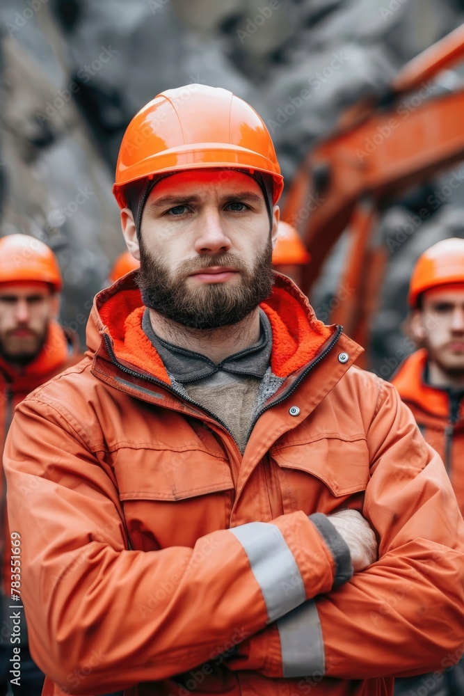 A man in an orange jacket and a hard hat stands with his arms crossed A man in an orange jacket and a hard hat stands with his arms crossed