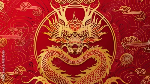 Elegant oriental dragon with patterns on a red background with gold design elements. Text: Golden dragon welcomes the new year.