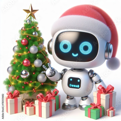 a cute AI robot with Christmas tree and gifts , funny, happy, smile, white background © JetHuynh