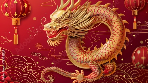 A festive CNY poster with an elegant oriental dragon on a red background with gold design elements. Text says  Golden dragon celebrates the new year.
