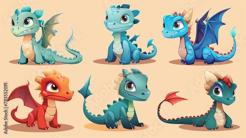 An adorable cartoon dragon element set isolated on a beige background. These dragons have different expressions in blue  turquoise  and light red.