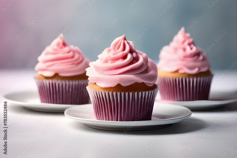 Cupcakes with pink buttercream frosting on white plate. Cupcakes with pink buttercream frosting on white plate.