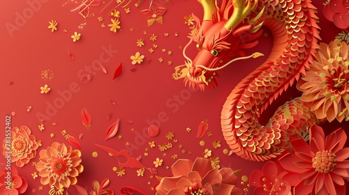 A CNY poster featuring a dragon tangling around a holiday greeting title on a red background with flowers and fireworks. Text reads  Thrive like dragons.