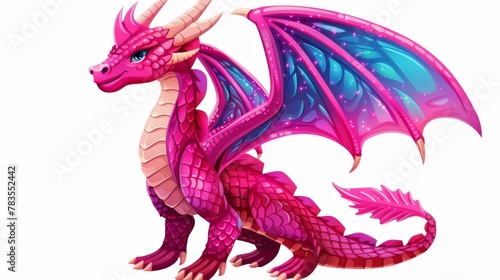 On a white background  a vibrant hot pink dragon with patterns is isolated.