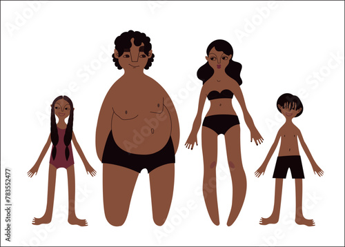 Flat Latino family: man, woman and kids in underwear portraits of different shapes and sizes vector illustration set. Tanned brown skin people with black hair in cartoon style for multinational and