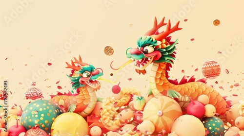 CNY poster featuring little dragons on a yellow background. Text  Happy New Year. Fortune.