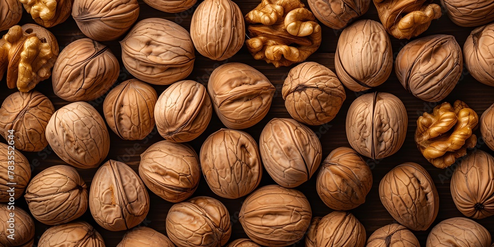 Whole walnuts with shell banner. Nutritious food concept.
Whole walnuts with shell banner. Nutritious food concept.