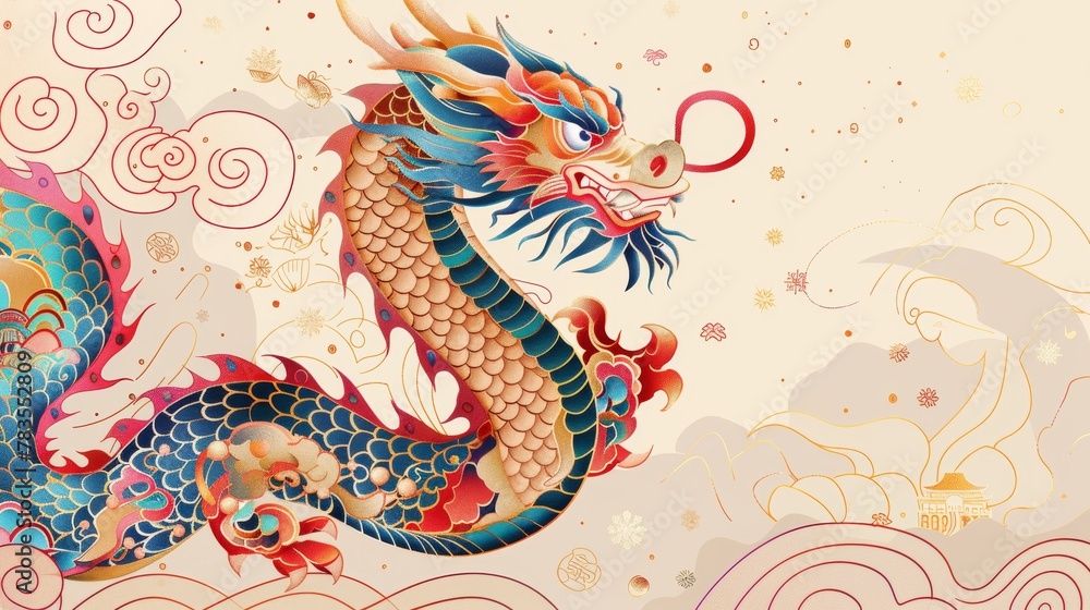 Obraz premium The lunar holiday dragon is isolated on a cream colored background with a beautiful oriental pattern.